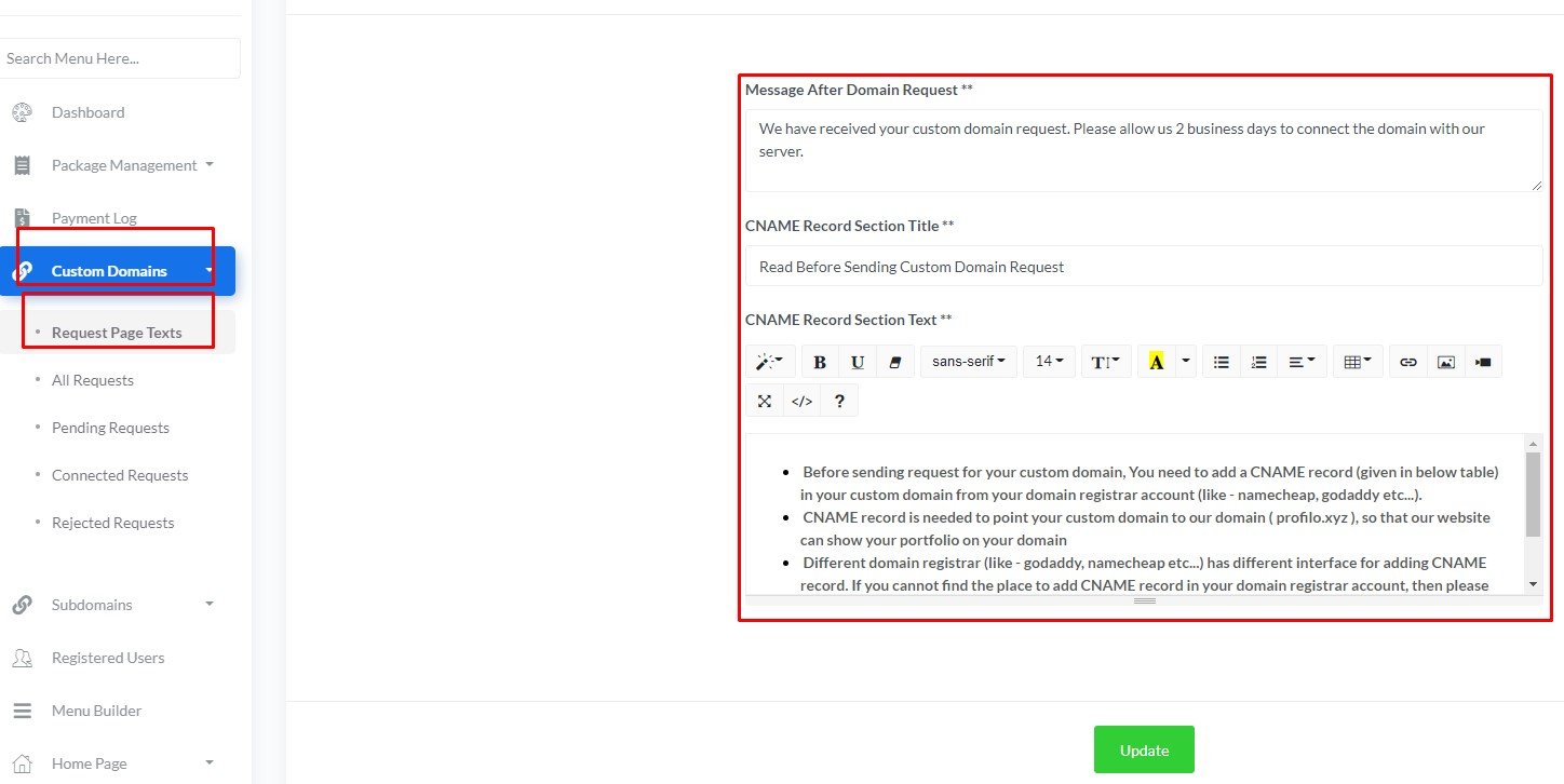 Custom Domain Text Admin