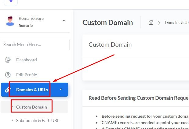 Custom Domain Menu